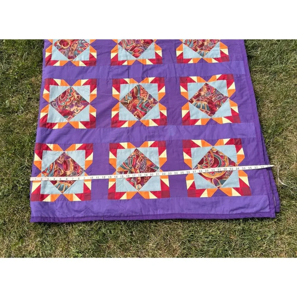 Vintage Handmade New Mexico Desert Pin Wheel Patchwork Quilt 78x64 Purple M7